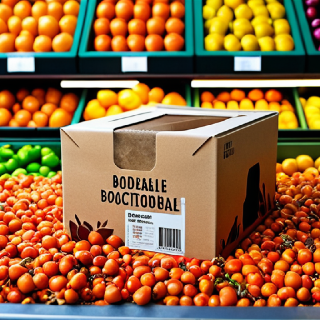 **

A visually striking image showcasing innovative biodegradable packaging inspired by fallen leaves, displayed in a vibrant Spanish marketplace. The packaging contains fresh produce, emphasizing sustainability and benefit to both humans and the planet. Focus on the textures and colors, highlighting the natural inspiration.

**