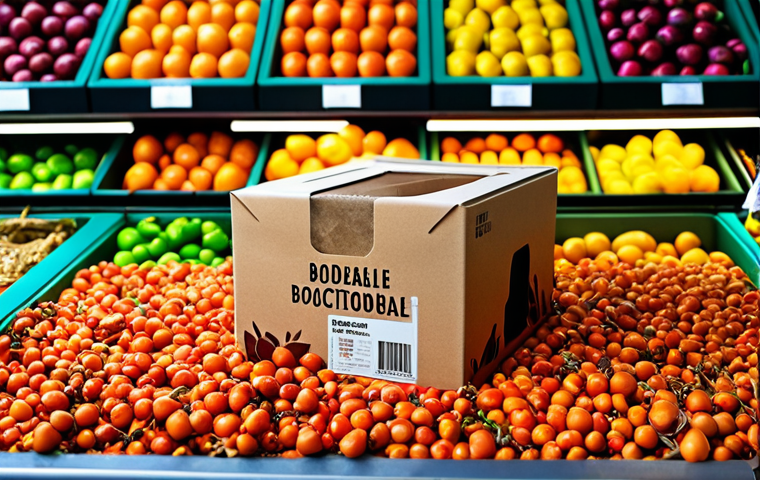 **

A visually striking image showcasing innovative biodegradable packaging inspired by fallen leaves, displayed in a vibrant Spanish marketplace. The packaging contains fresh produce, emphasizing sustainability and benefit to both humans and the planet. Focus on the textures and colors, highlighting the natural inspiration.

**