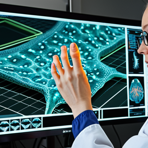 **A scientist in a lab coat examining a gecko's foot under a microscope, with advanced AI software displaying patterns inspired by nature on a large screen. Focus on the intersection of biology, technology, and sustainable design.**