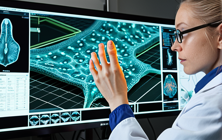 **A scientist in a lab coat examining a gecko's foot under a microscope, with advanced AI software displaying patterns inspired by nature on a large screen. Focus on the intersection of biology, technology, and sustainable design.**