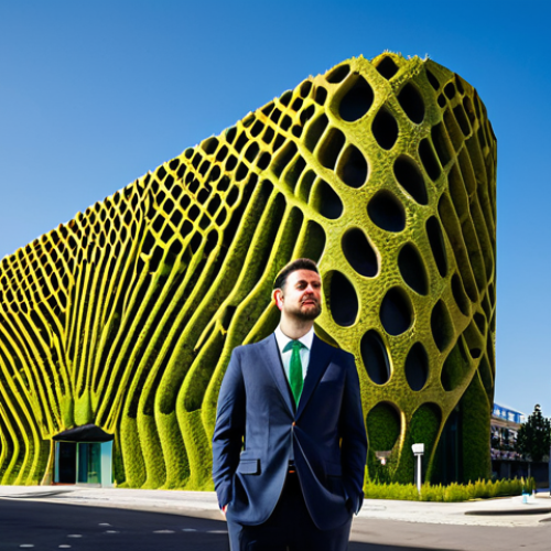 A professional architect, fully clothed in a modest business suit, stands confidently in front of a majestic, modern sustainable building. The building's facade subtly incorporates intricate, organic patterns inspired by a termite mound's natural ventilation system, showcasing green walls and innovative design. The setting is an urban environment under a clear sky, with professional architectural photography lighting. The architect has perfect anatomy, correct proportions, and a natural pose. High resolution, sharp focus, vibrant colors, professional photography. safe for work, appropriate content, fully clothed, professional, family-friendly.