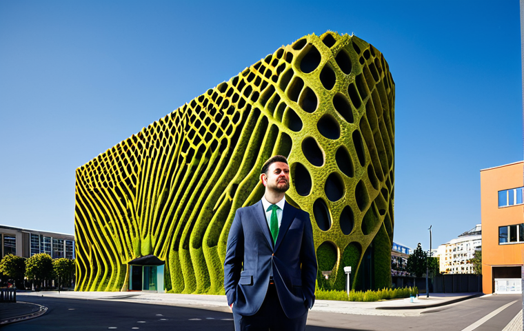 A professional architect, fully clothed in a modest business suit, stands confidently in front of a majestic, modern sustainable building. The building's facade subtly incorporates intricate, organic patterns inspired by a termite mound's natural ventilation system, showcasing green walls and innovative design. The setting is an urban environment under a clear sky, with professional architectural photography lighting. The architect has perfect anatomy, correct proportions, and a natural pose. High resolution, sharp focus, vibrant colors, professional photography. safe for work, appropriate content, fully clothed, professional, family-friendly.