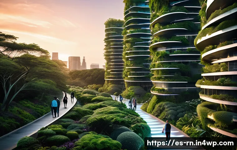 생체모방 기술을 통한 도시 디자인 혁신 - **Prompt:** "A futuristic cityscape at sunset, featuring towering skyscrapers covered in lush vertic...
