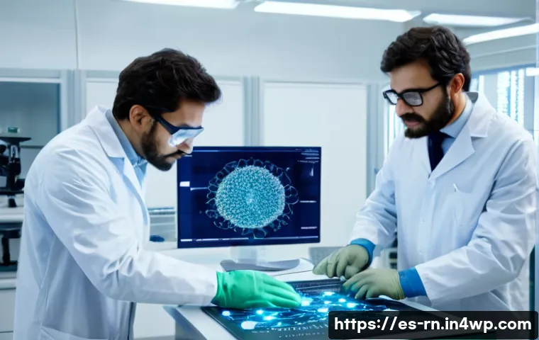 생체모방 기술의 생태계 구축 방안 - A dynamic scene inside a modern Spanish university laboratory where diverse researchers and industri...