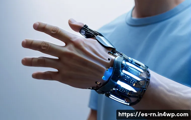 생체모방 혁신의 미래 사회적 역할 - A futuristic prosthetic arm made from biomimetic materials resembling human skin, featuring realisti...