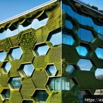 Home 23 생체모방 디자인의 응용 가능성 - A futuristic urban building inspired by a honeycomb structure, featuring hexagonal facade panels tha...
