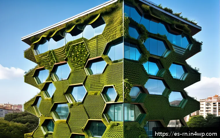 생체모방 디자인의 응용 가능성 - A futuristic urban building inspired by a honeycomb structure, featuring hexagonal facade panels tha...